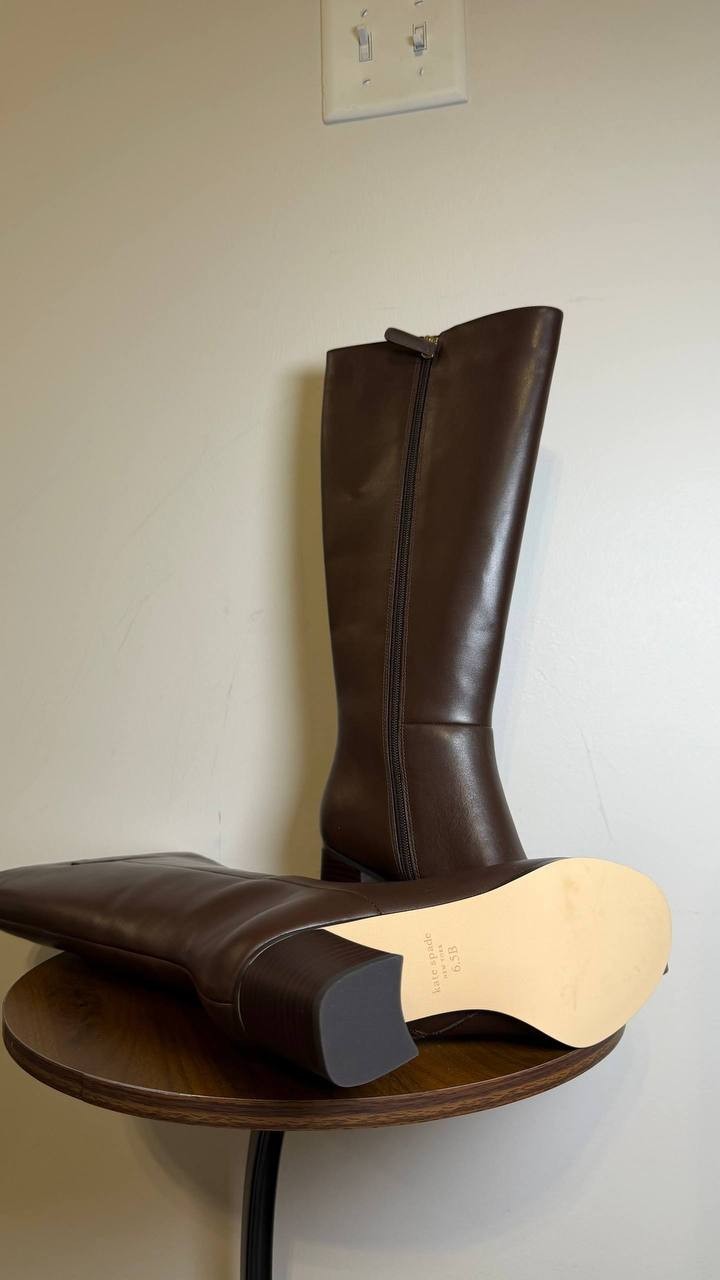 Kate Spade Aimee Tall Leather Boots Brown 6.5B Block Heel NWB $348