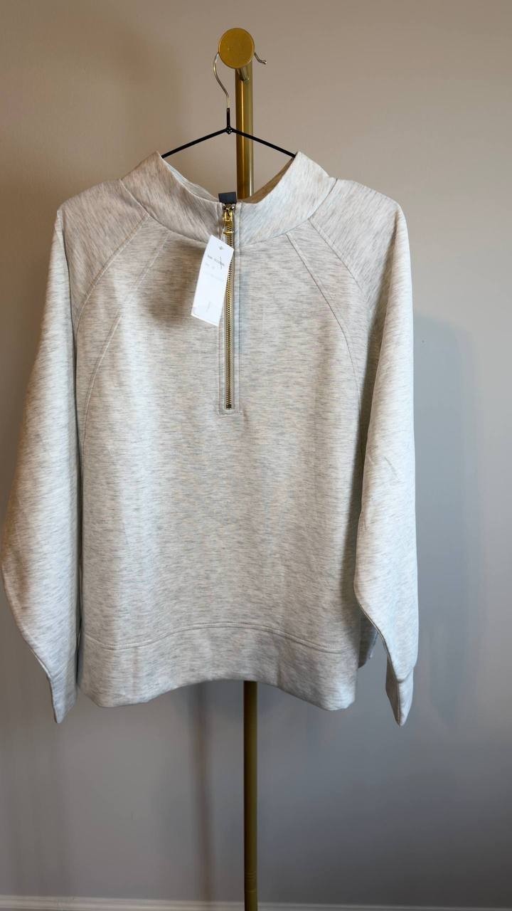 Belldini Plus Scuba Knit Quarter‑Zip Top Light Grey 2X NWT $49