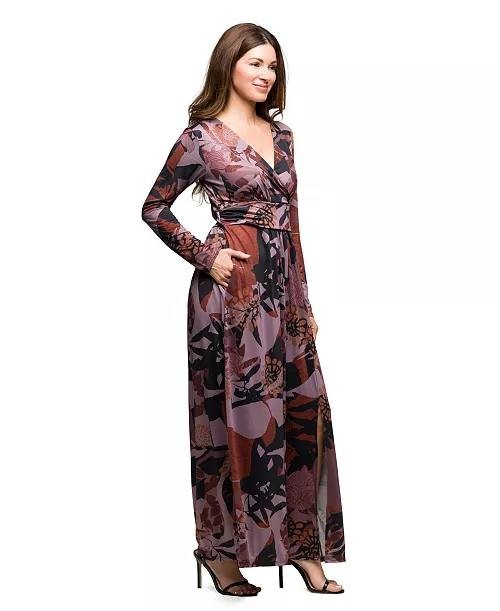 24seven Comfort Apparel Gray Multi  Wrap Maxi Dress Long Sleeve 1X NWT