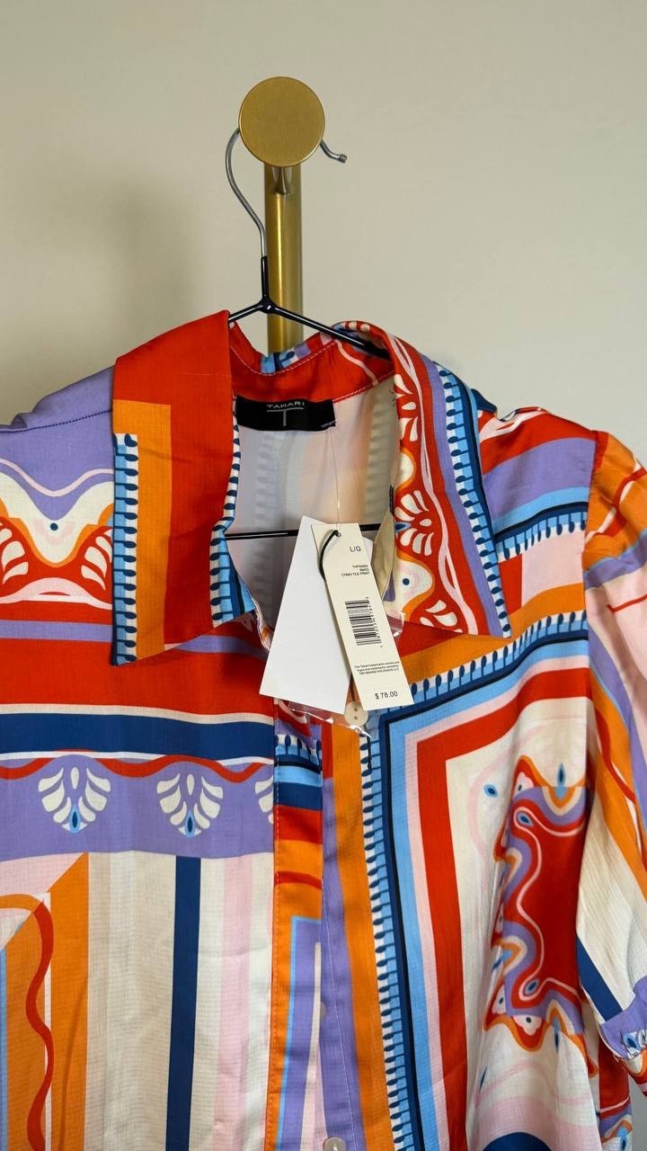 Tahari Women’s Printed Short-Sleeve Button Blouse Como Tile Print L $78 NWT