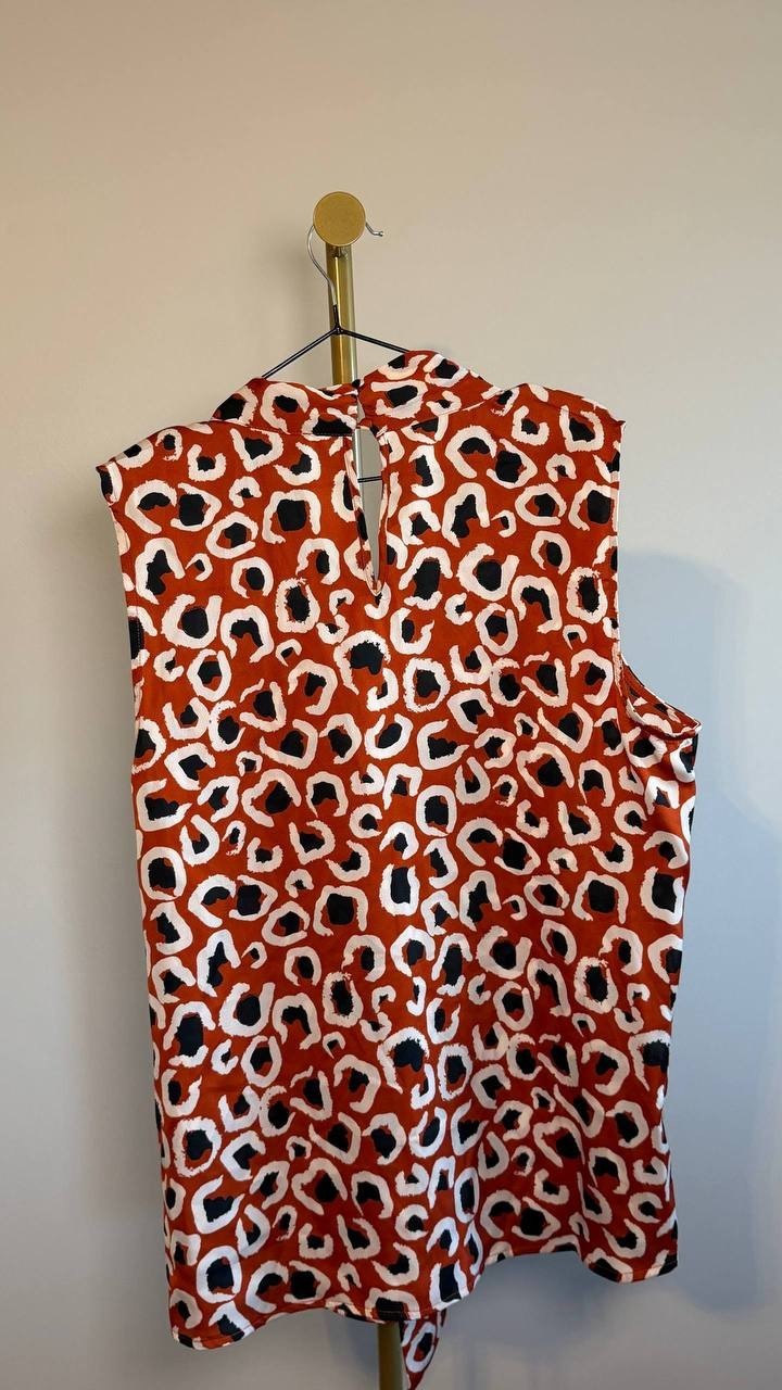 Tahari ASL Printed Sleeveless Tie‑Neck Blouse Orange Multi XL NWT $69