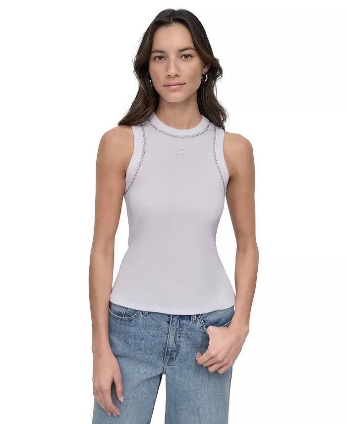 DKNY Rhinestone Trim Ribbed Tank Top White  Size PS NWOT needs washing