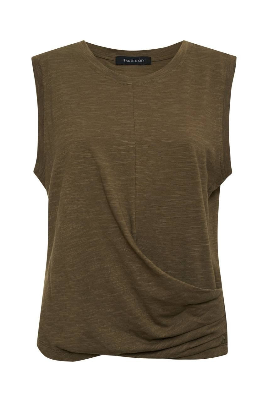 Sanctuary Burnt Olive Draped Tank Top - L, NWT, Crew Neck, Slub Jersey