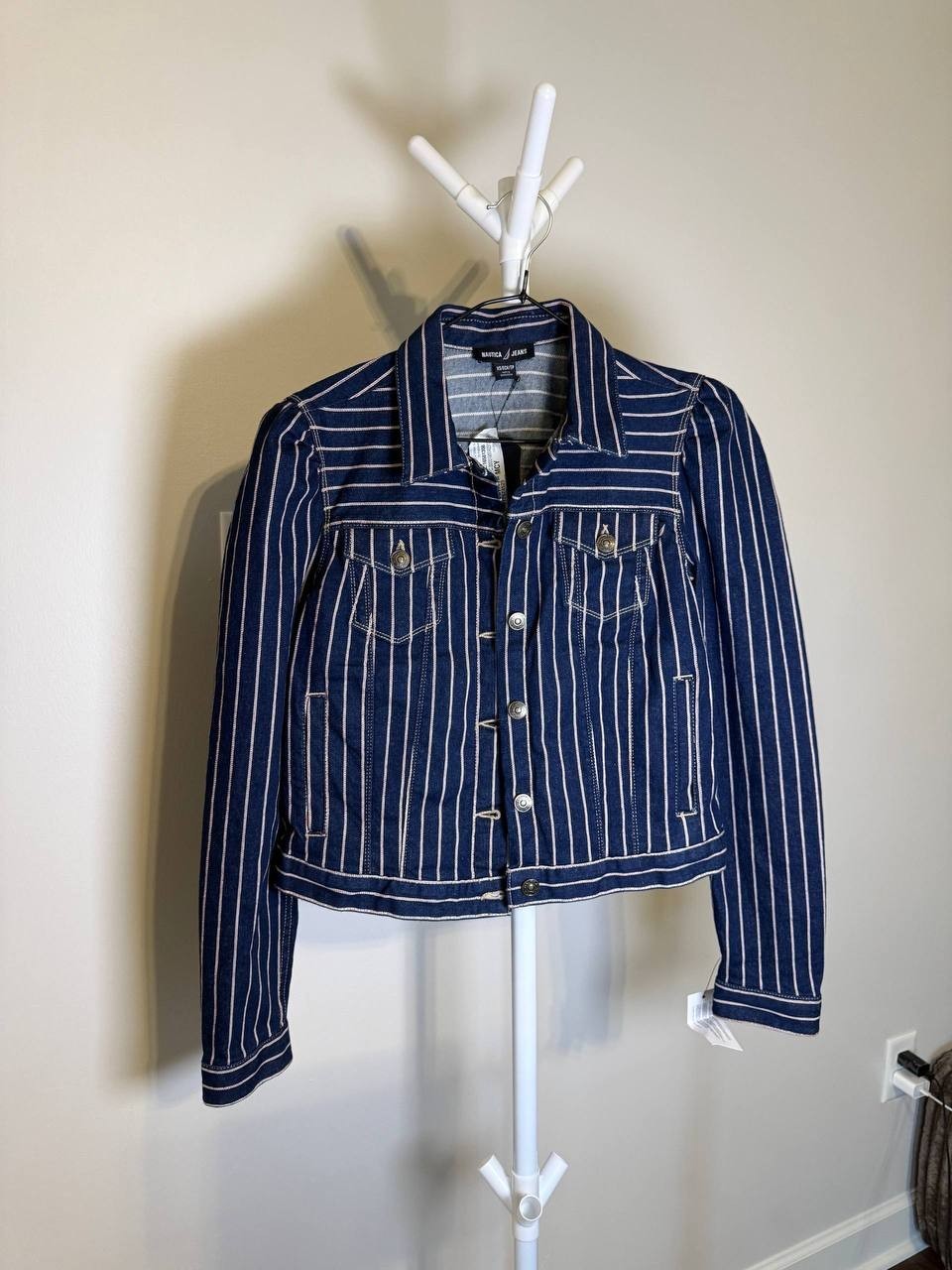 Nautica Jeans Striped Denim Puff‑Shoulder Jacket –Blue– XS – NWT – $109.50