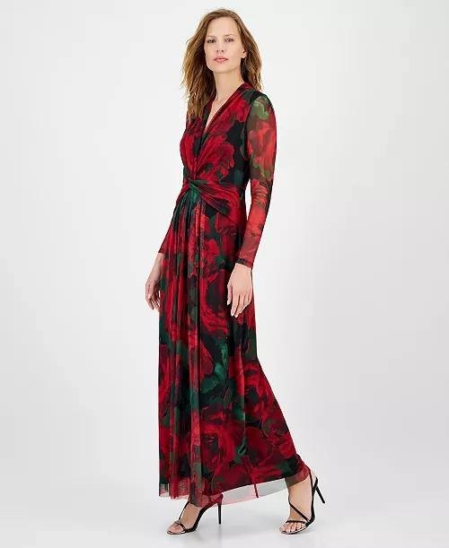 Anne Klein Rose‑Print Twist‑Front Maxi Dress Titian Red Multi 8 NWT $149