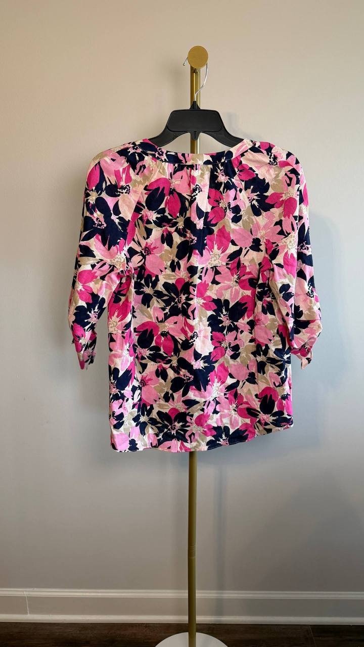 Jones New York V‑Neck Print Tie‑Sleeve Linen Blend Blouse White Multi XS NWT
