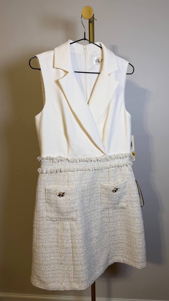 Eliza J Women’s Collared Mixed‑Media Sleeveless Dress White Ivory 6 $158 NWT