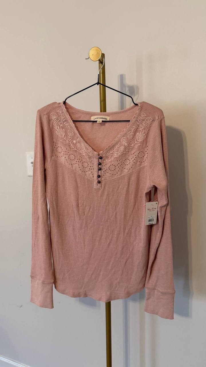 Lucky Brand Lace Yoke Henley Knit Top Rose Smoke L Damaged