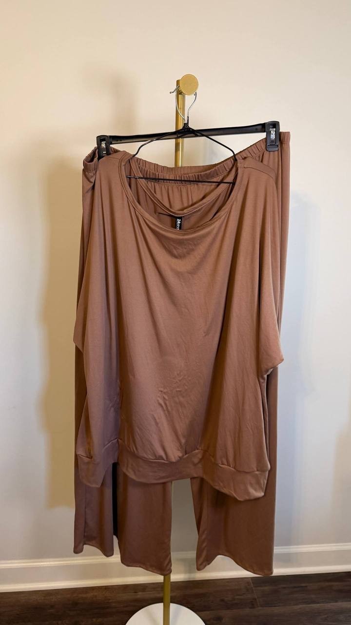 24Seven Comfort Apparel Plus Size Boat Neck Top Wide Leg Pants Set Mocha 4X NWT