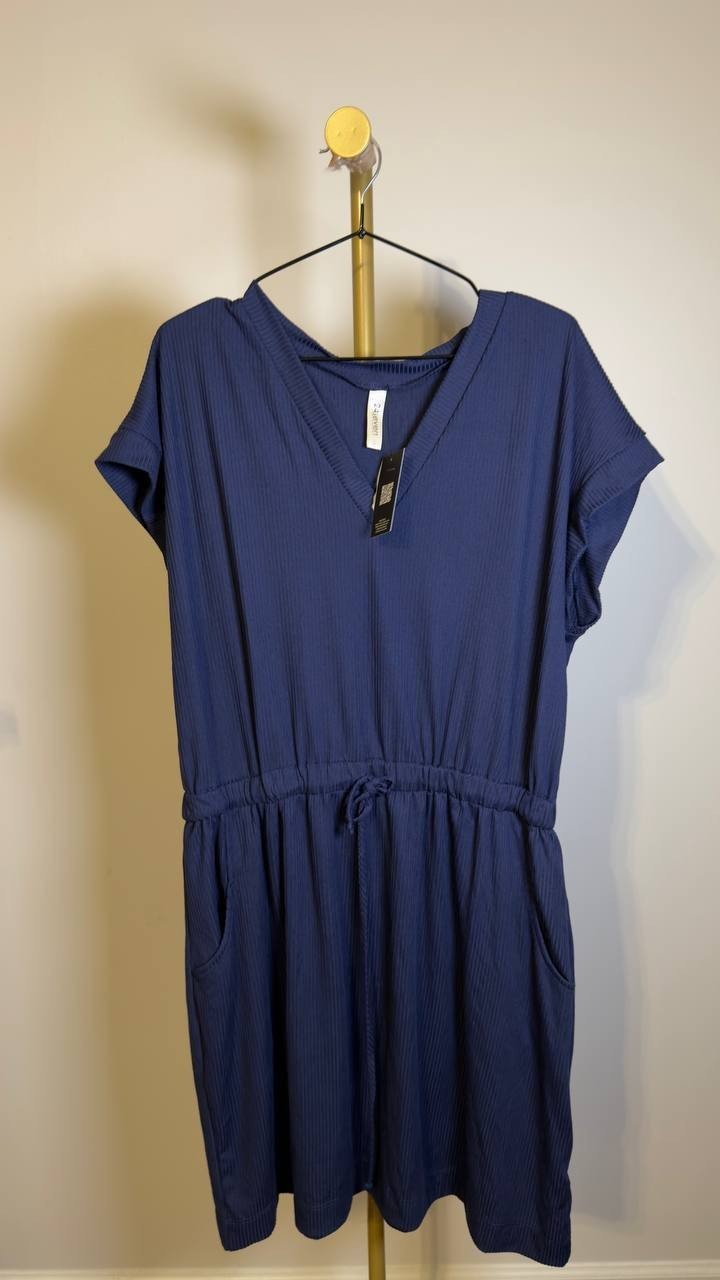 24Seven Comfort Apparel Curvy Ribbed Knit Drawstring Dress Navy 2X NWT $59