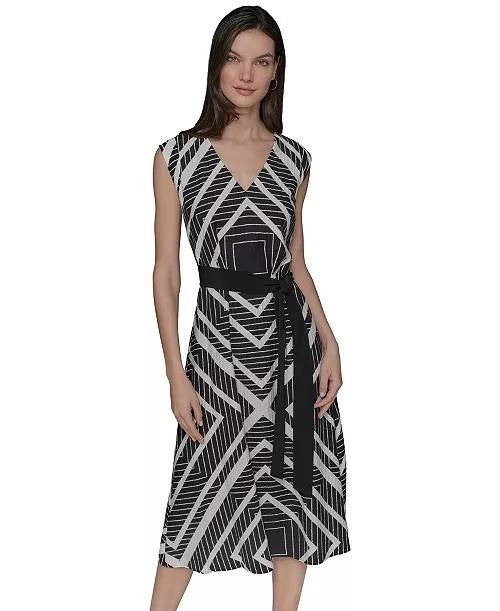 Karl Lagerfeld Paris Geo‑Print Belted V‑Neck Midi Dress Black/White XS NWT $159