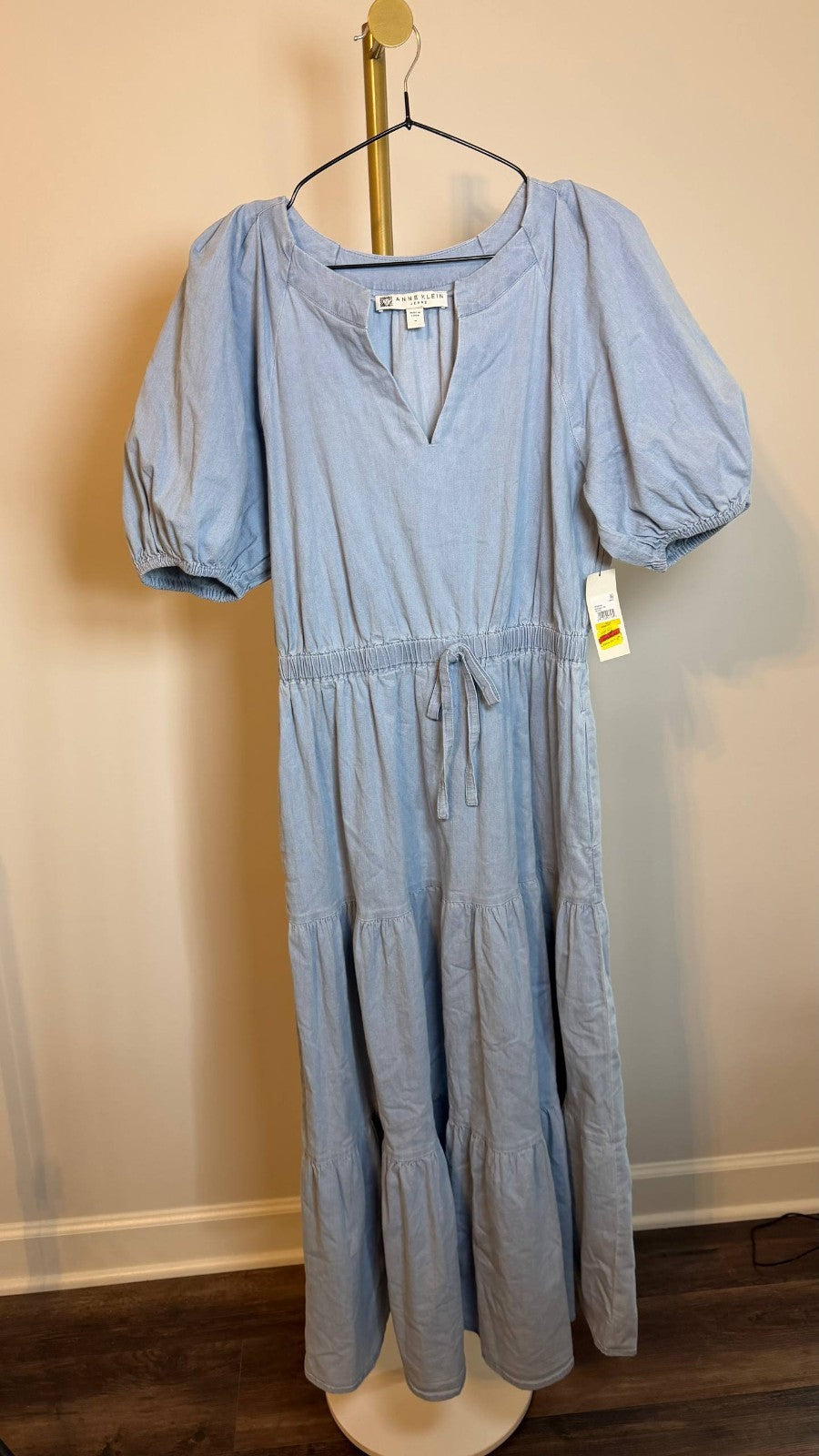 Anne Klein Women’s Split‑Neck Puff‑Sleeve Denim Midi Dress Blue $129 NWT