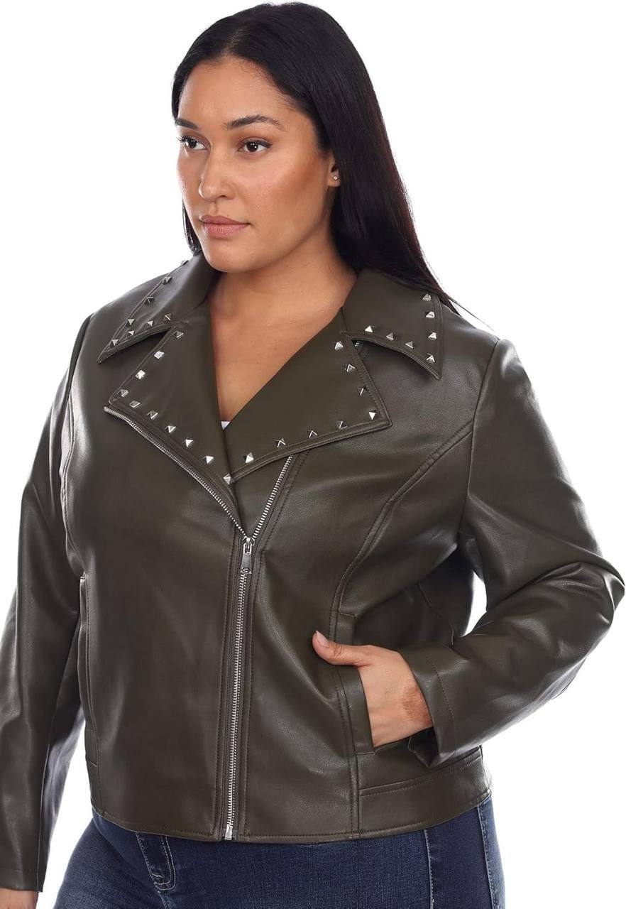 White Mark Women’s Studded Faux Leather Jacket, Size 1X, Color Olive, NWT