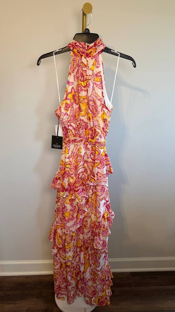 CeCe Printed Sleeveless Tiered‑Ruffle Maxi Dress Magenta 2 NWT $119