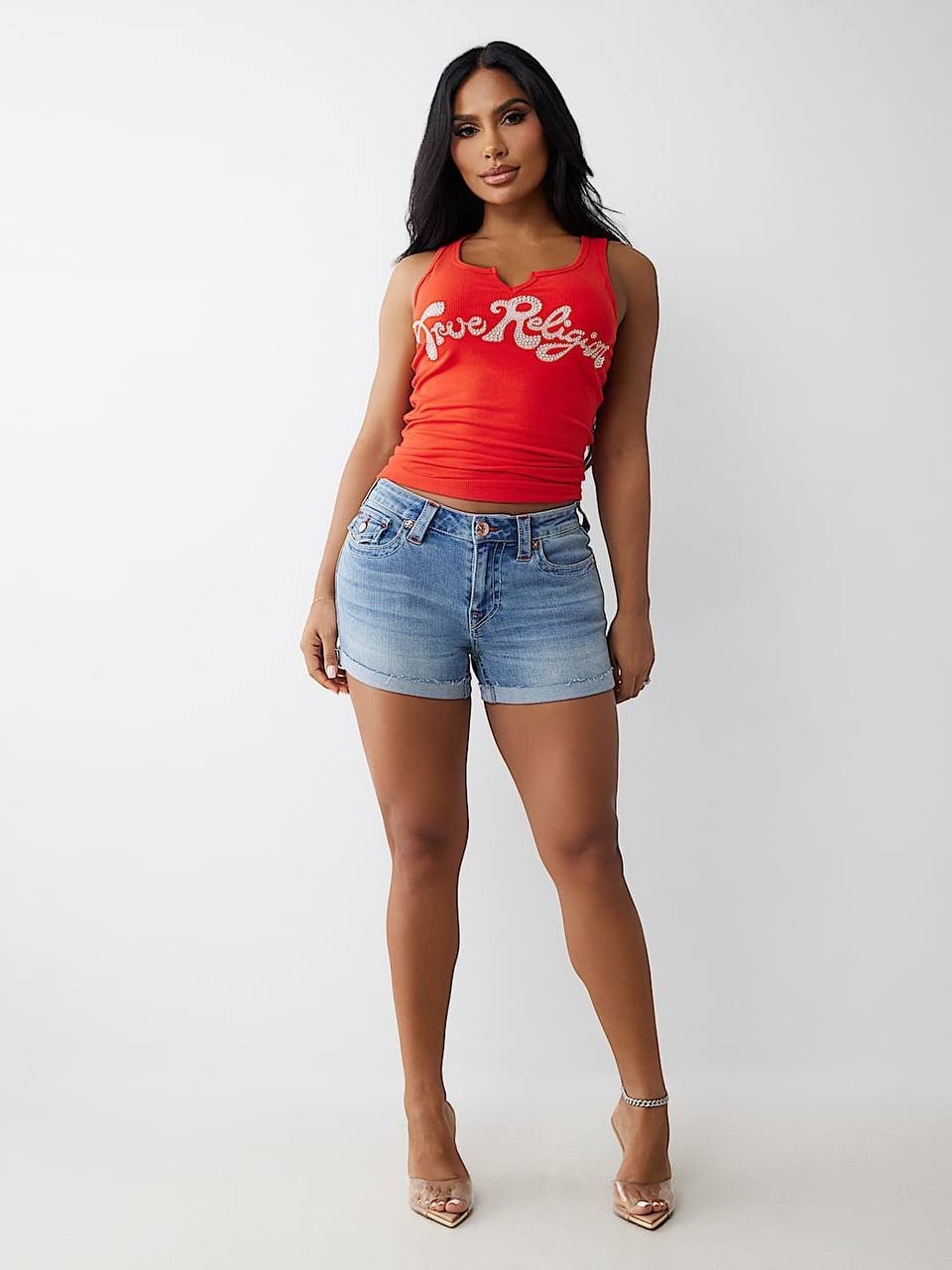 True Religion Jennie Mid Rise Rolled Short – California Poppy, Size 29