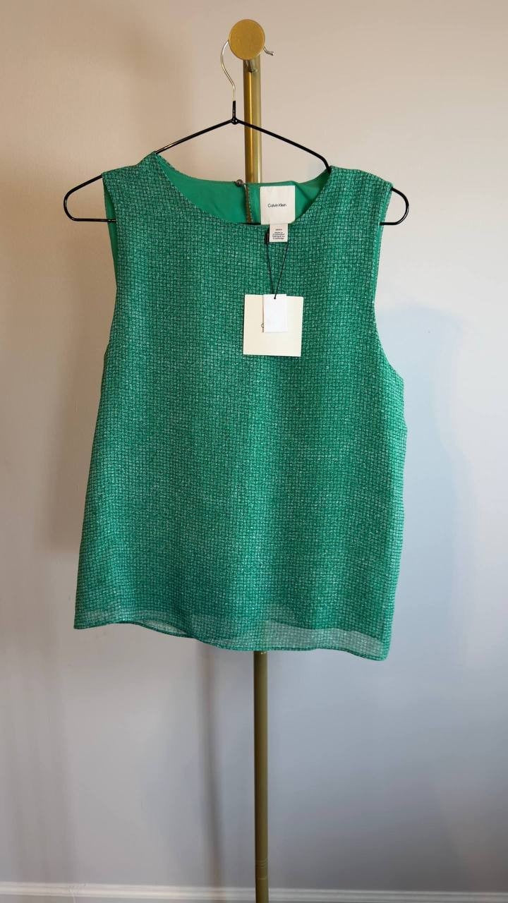 Calvin Klein Printed Chiffon Sleeveless Top Green S/P NWT $79