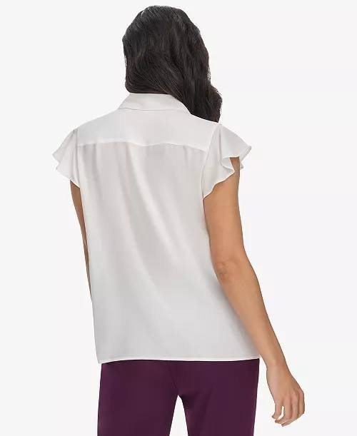 Calvin Klein Collared Ruffled Short-Sleeve Blouse Cream PL NWT $59