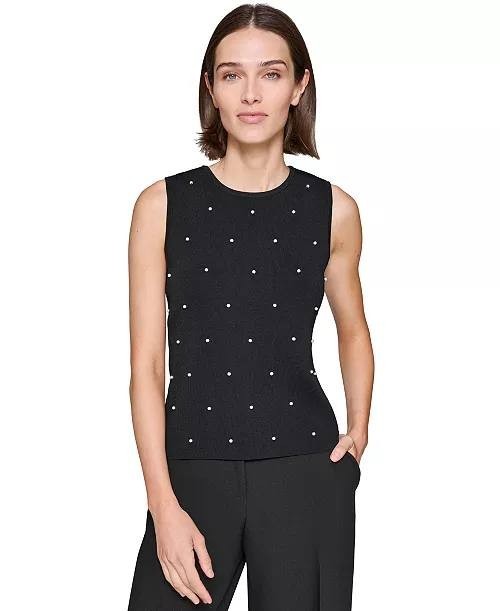 Karl Lagerfeld Paris Faux‑Pearl Sleeveless Sweater Top Black XL $79 NWT