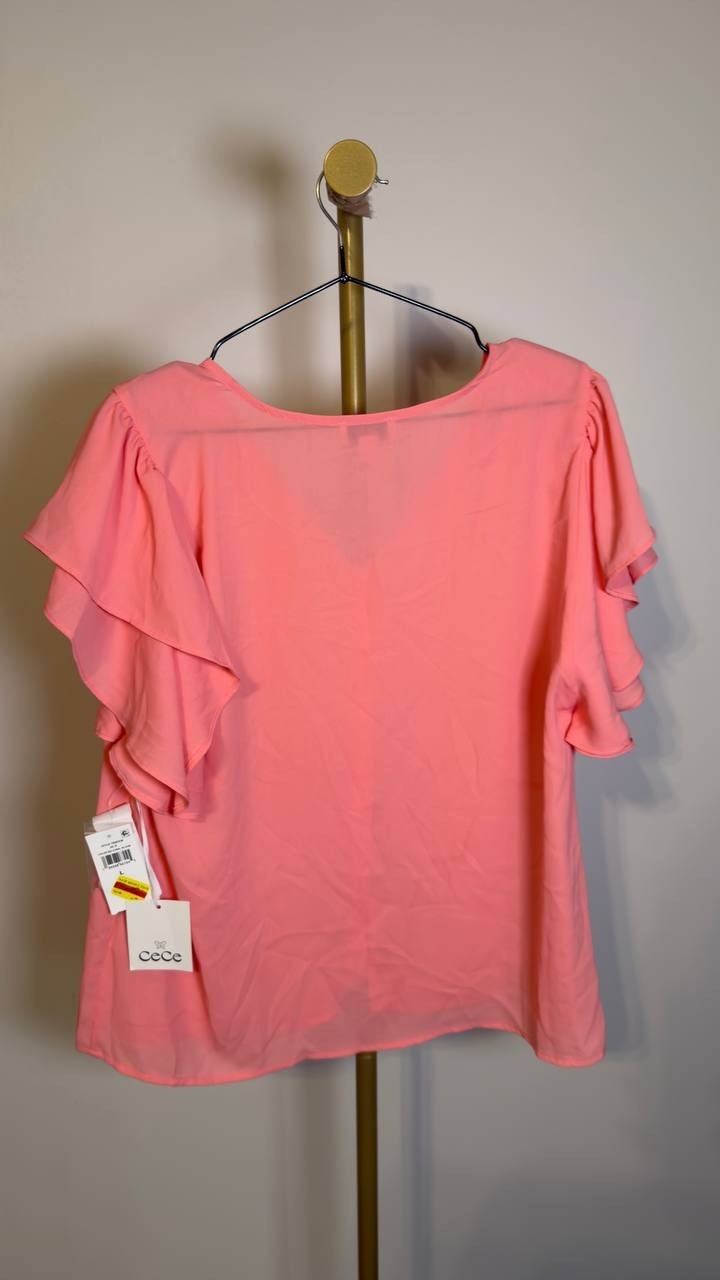 CeCe Women’s Double Flutter Sleeve Shirred Shoulder Top Coral Bloom L NWT $69