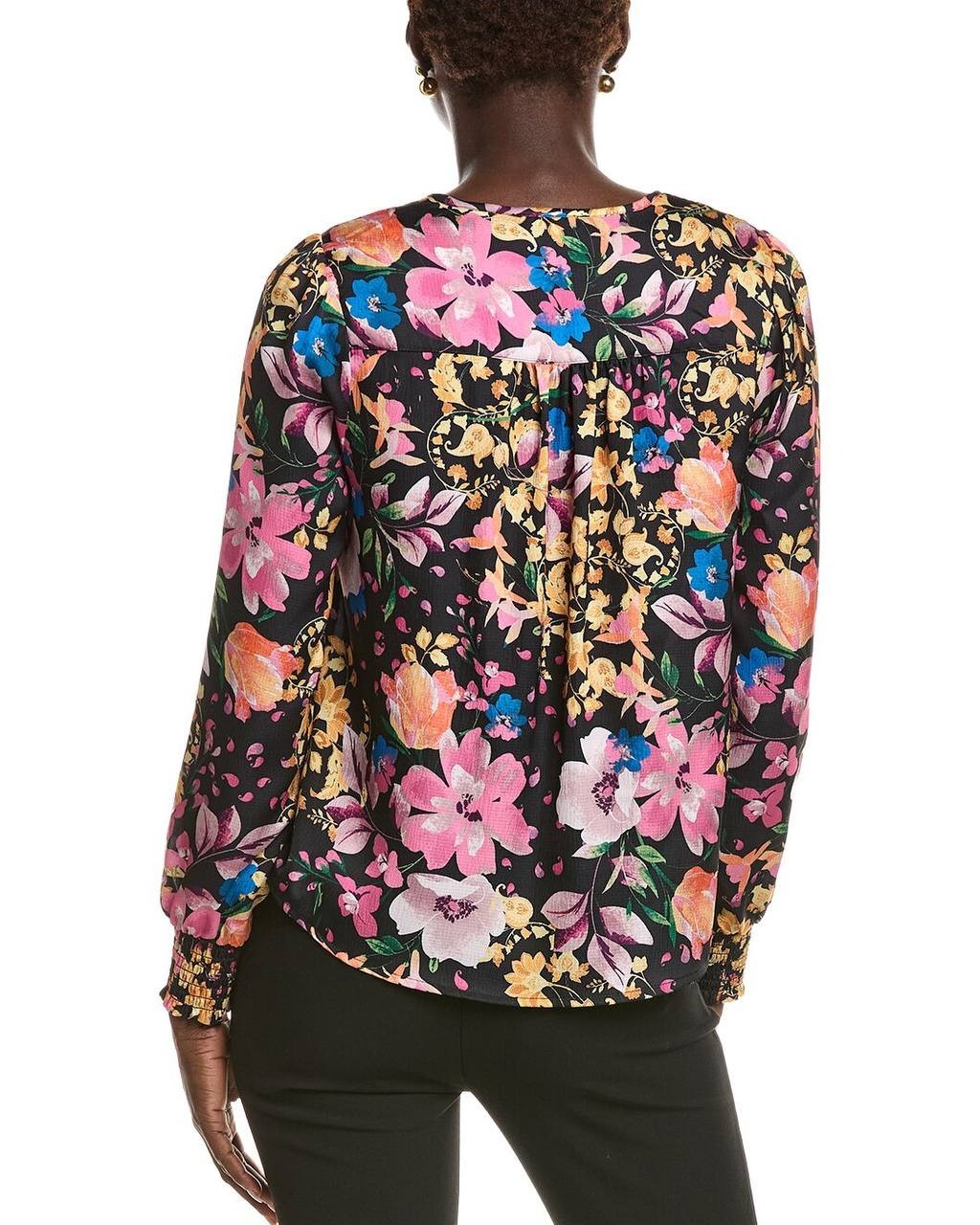 T Tahari Women’s Printed V‑Neck Pleated‑Back Top Black Multi M NWT $78