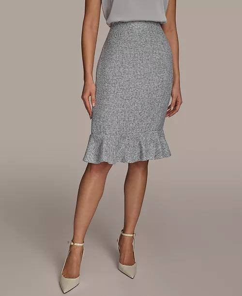 Donna Karan New York Tweed Ruffle Hem Skirt Grey 12P NWT $99