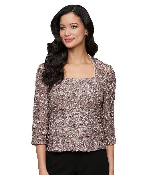 Alex Evenings Petite Lace Square‑Neck 3/4‑Sleeve Top Mink XL NWT $139