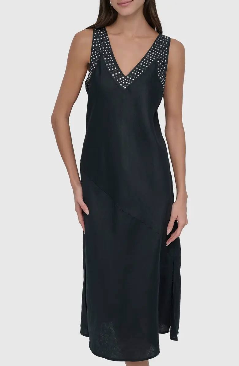 DKNY Stud Detail Linen Midi Dress Black Size M NWT $139