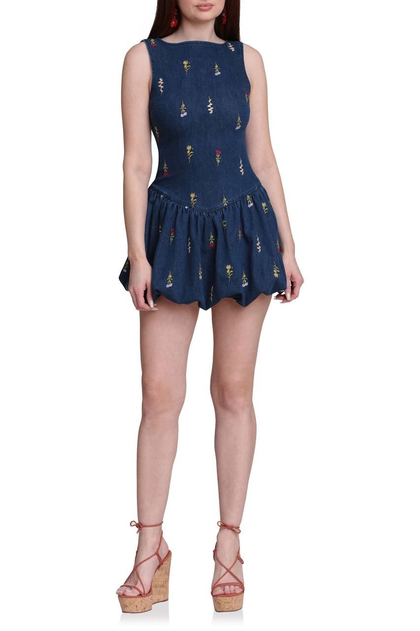 Avec Les Filles Embroidered Bubble Hem Denim Dress Monarch Botanical 8 NWT $138