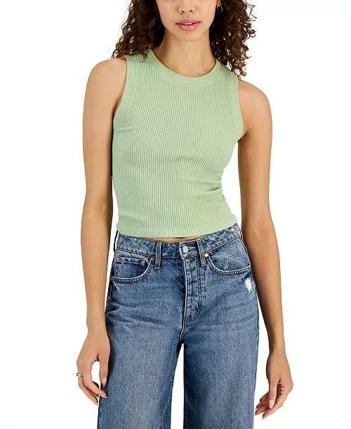 Hippie Rose Seamless Ribbed Tank Top Green Juniors L Crew Neck Nylon Blend