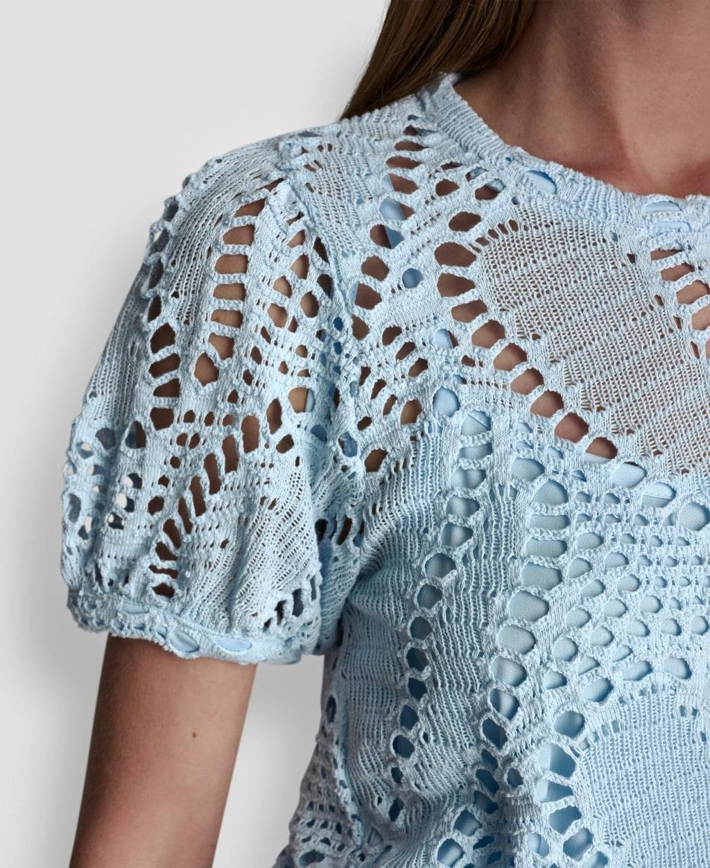 DKNY Leaf Crochet Short‑Sleeve Cotton Top Blue M NWT $99