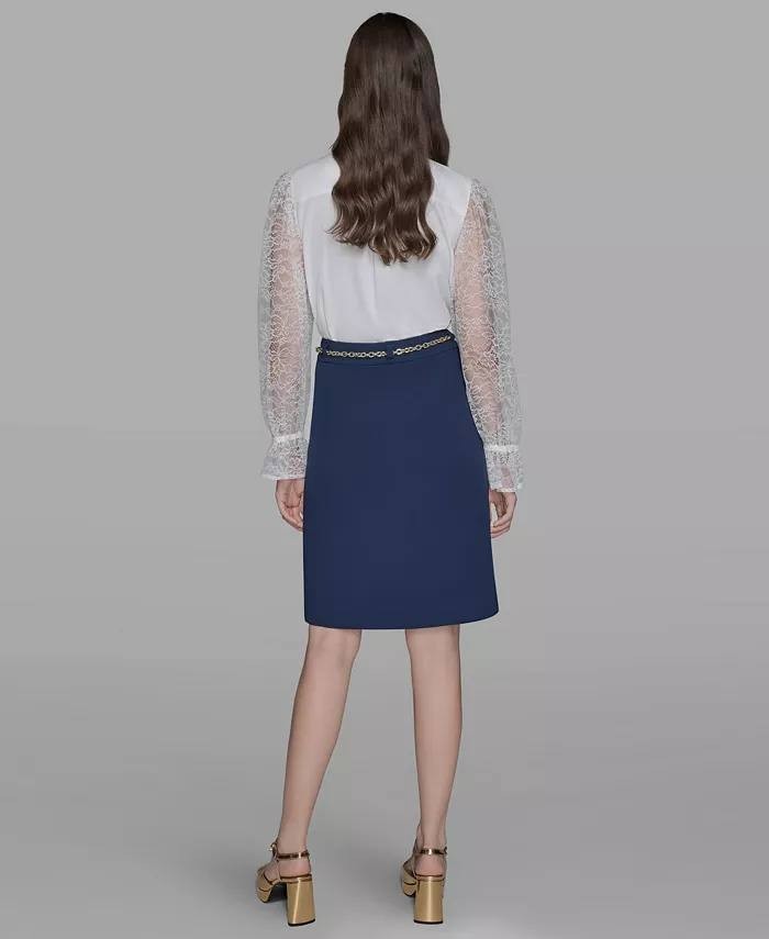 Karl Lagerfeld Paris Chain‑Belt Front‑Slit Pencil Skirt Navy 2 NWT $109