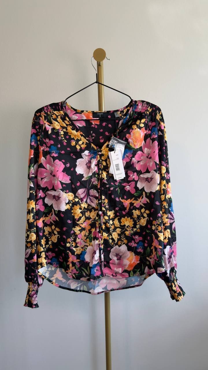 T Tahari Women’s Printed V‑Neck Pleated‑Back Top Black Multi M NWT $78