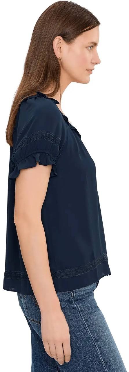 CeCe Wide Ruffle Neck Button Front Top Classic Navy L NWT $79