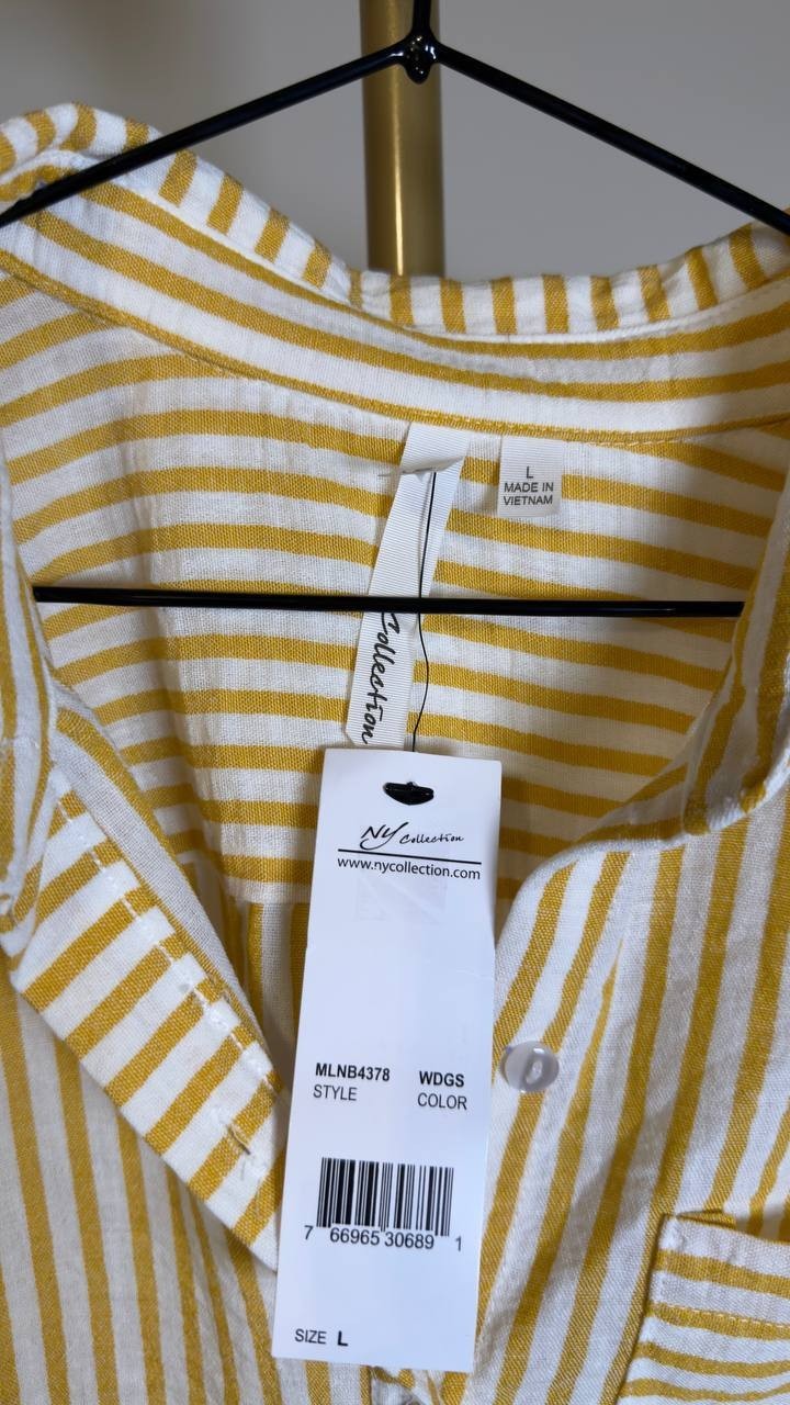 NY Collection 3/4‑Sleeve Roll Tab Button‑Front Top Yellow L NWT $46