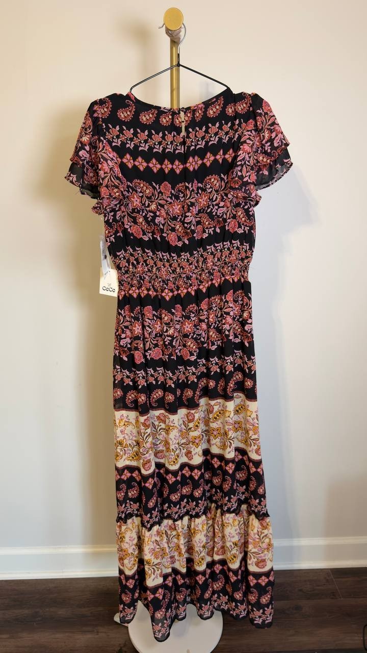 CeCe Short-Sleeve Printed Maxi Dress Rich Black M NWT $139