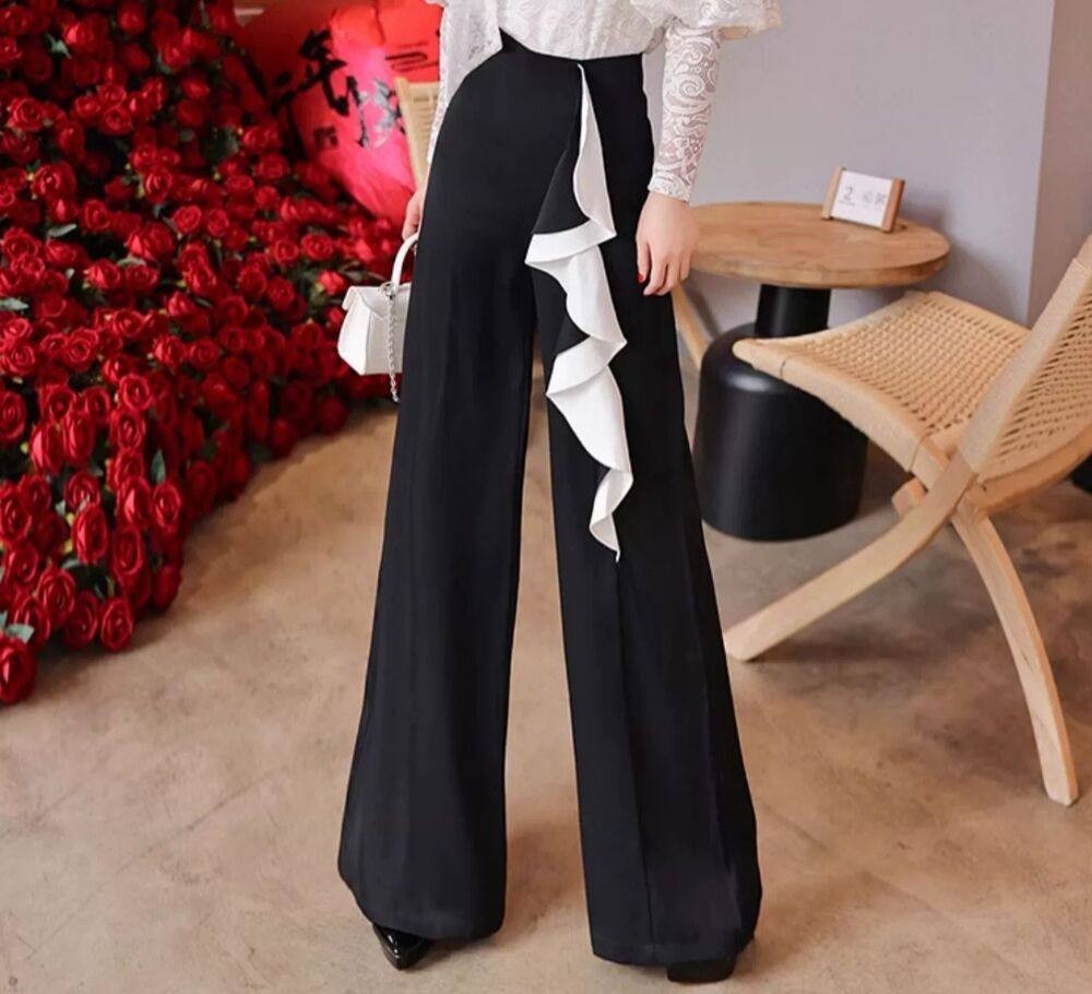 BEULAHSTYLE Black Wide-Leg Pants w/ White Ruffle Size M NWT $218