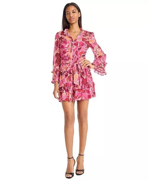 Donna Morgan Long-Sleeve A-Line Dress Pink/Red 12 NWT $139