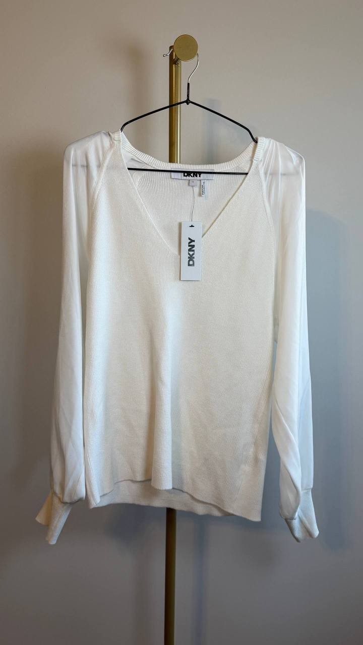 DKNY Women’s Long Sleeve Mix Media V‑Neck Top White Size L  NWT $79