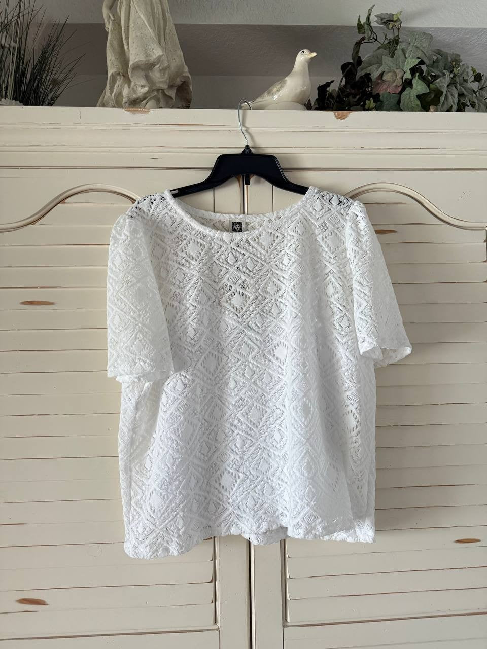 Anne Klein Lace Puff-Sleeve Blouse White XL New with Tags MSRP 99