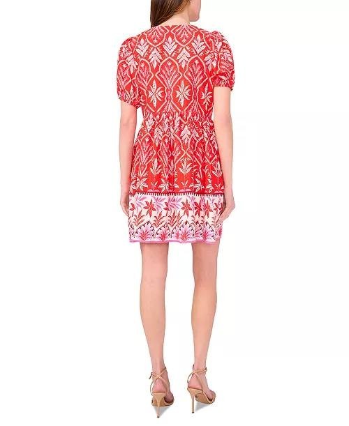 MSK Printed Tie‑Neck Short‑Sleeve Fit & Flare Dress Red XS NWT $89