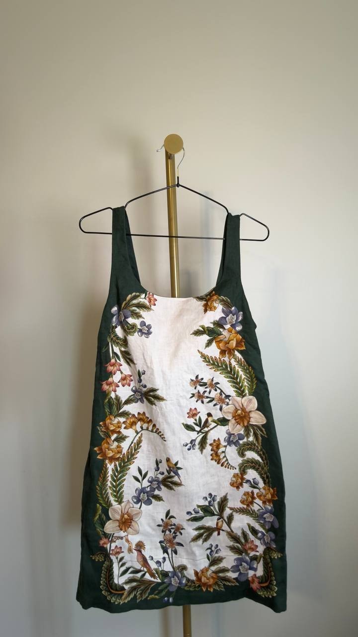 FARM Rio Nature Sand Print Linen Minidress Nature Sand Green S NWT $210