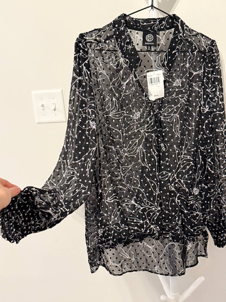 Bobeau High‑Low Floral Swiss Dot Top – Black – Size XL – NWT – $60