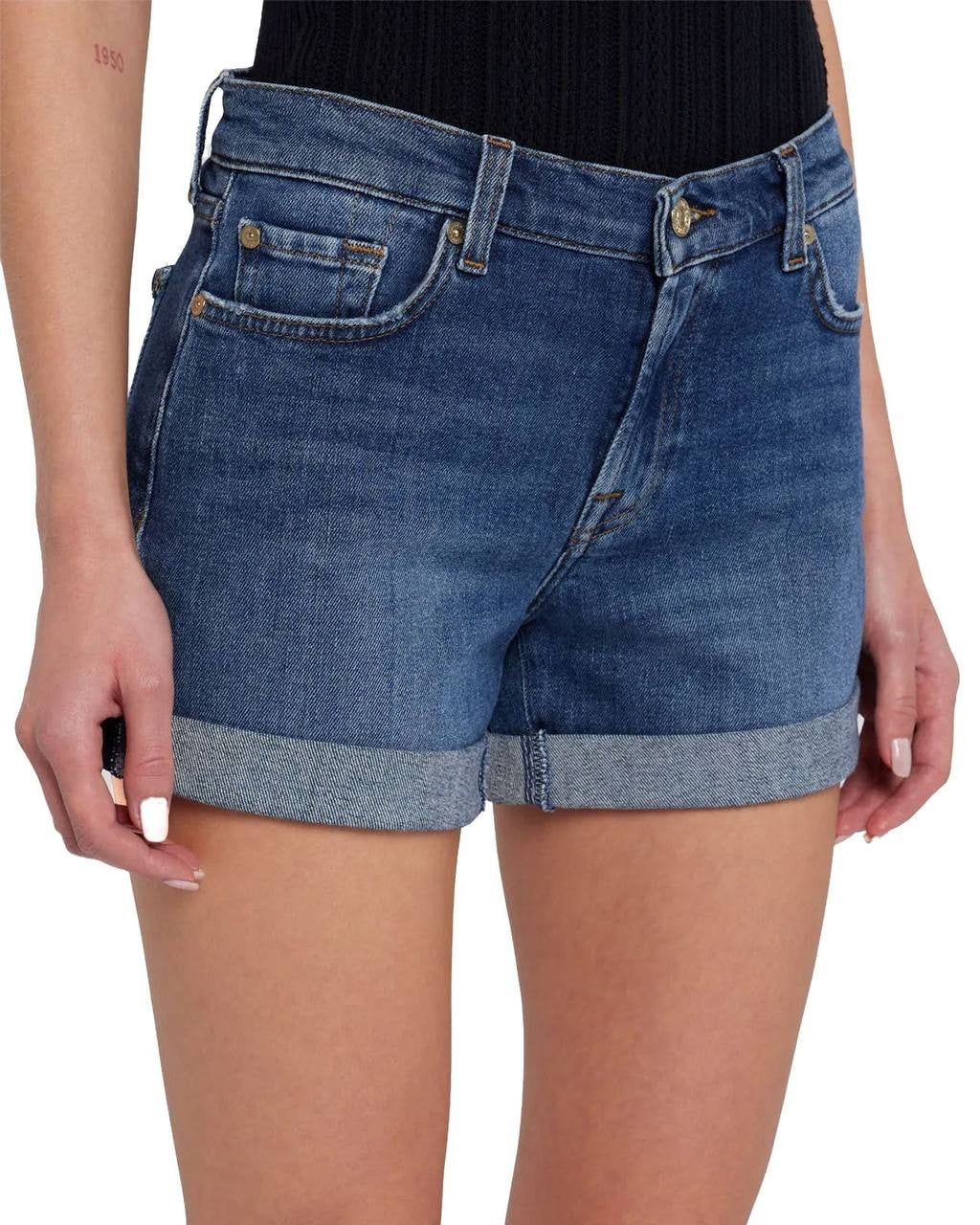 7 For All Mankind Mid Roll Denim Shorts Sea Star Dark Blue 32 NWT $88