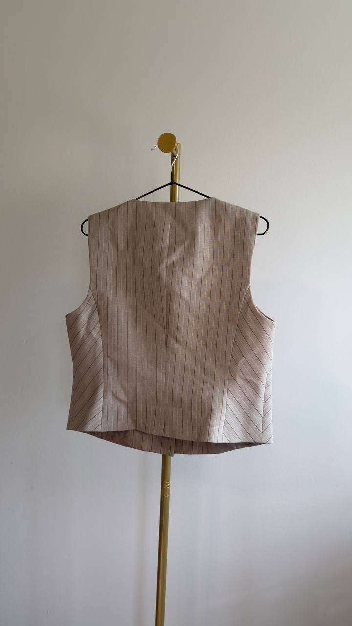 DKNY Striped Crewneck Button‑Front Vest Tan 10 NWOT $129