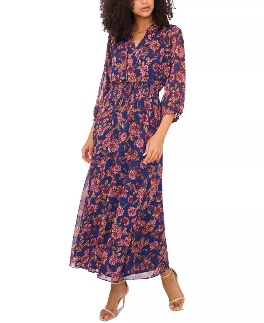 Vince Camuto Printed Tie‑Neck Puff‑Sleeve Maxi Dress –Deep Sky–Size M–NWT–$119
