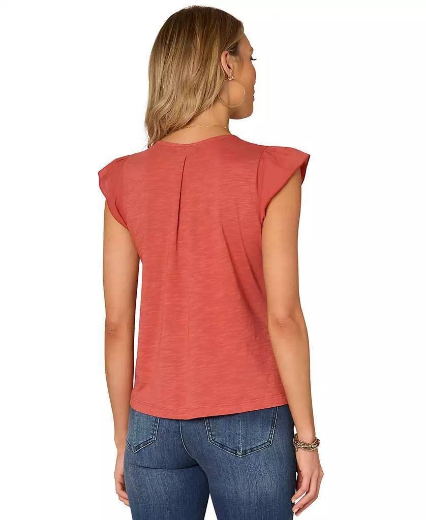 Democracy Petite Embroidered Cotton Flutter‑Sleeve Top Passion Fruit PL NWT $68
