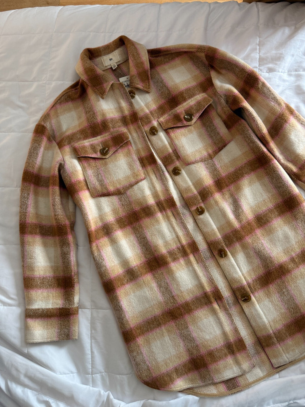 BP Womens XS Plaid Brown Pink Jacket - Polyester, Pre-Owned Excellent Cozy