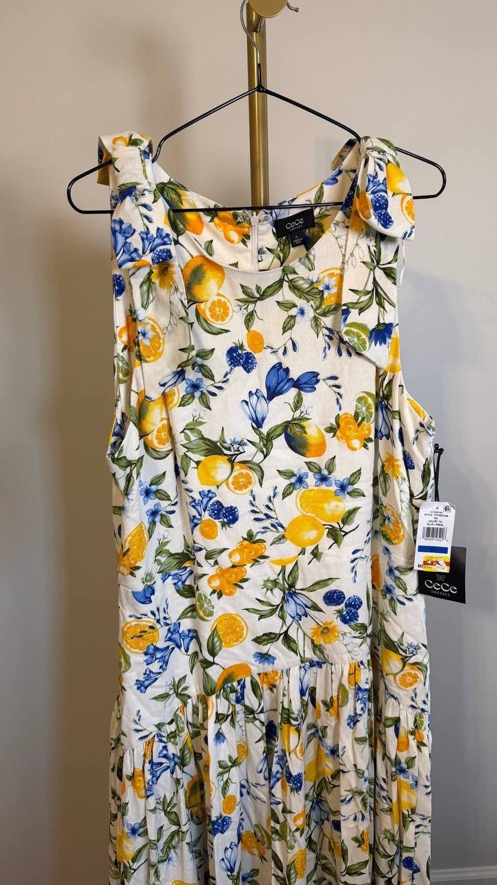 CeCe Floral Crewneck Bow-Strap High-Low Dress Lemon Print XL $129 NWT