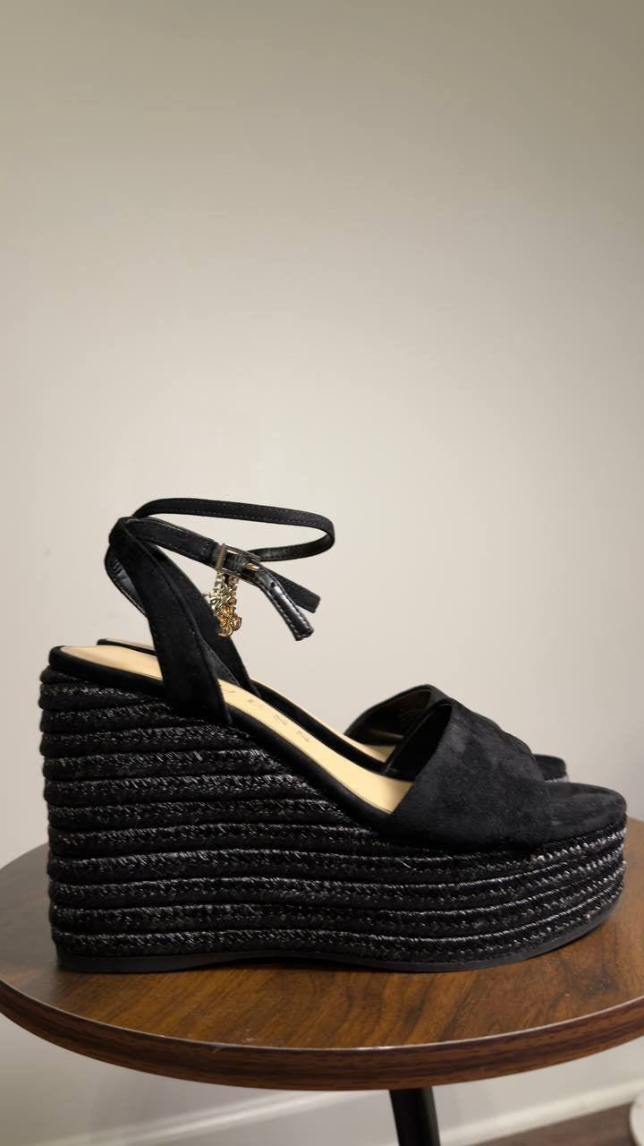 Guess  Everly  Charm  Wedge  Sandals  Black  7M  New  $149