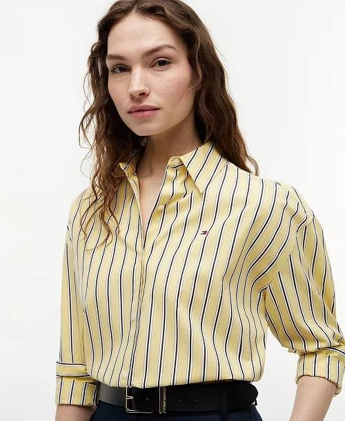 Tommy Hilfiger Boxy Cotton Shirt Licorice Stripe Citronella 38 NWOT $79.50